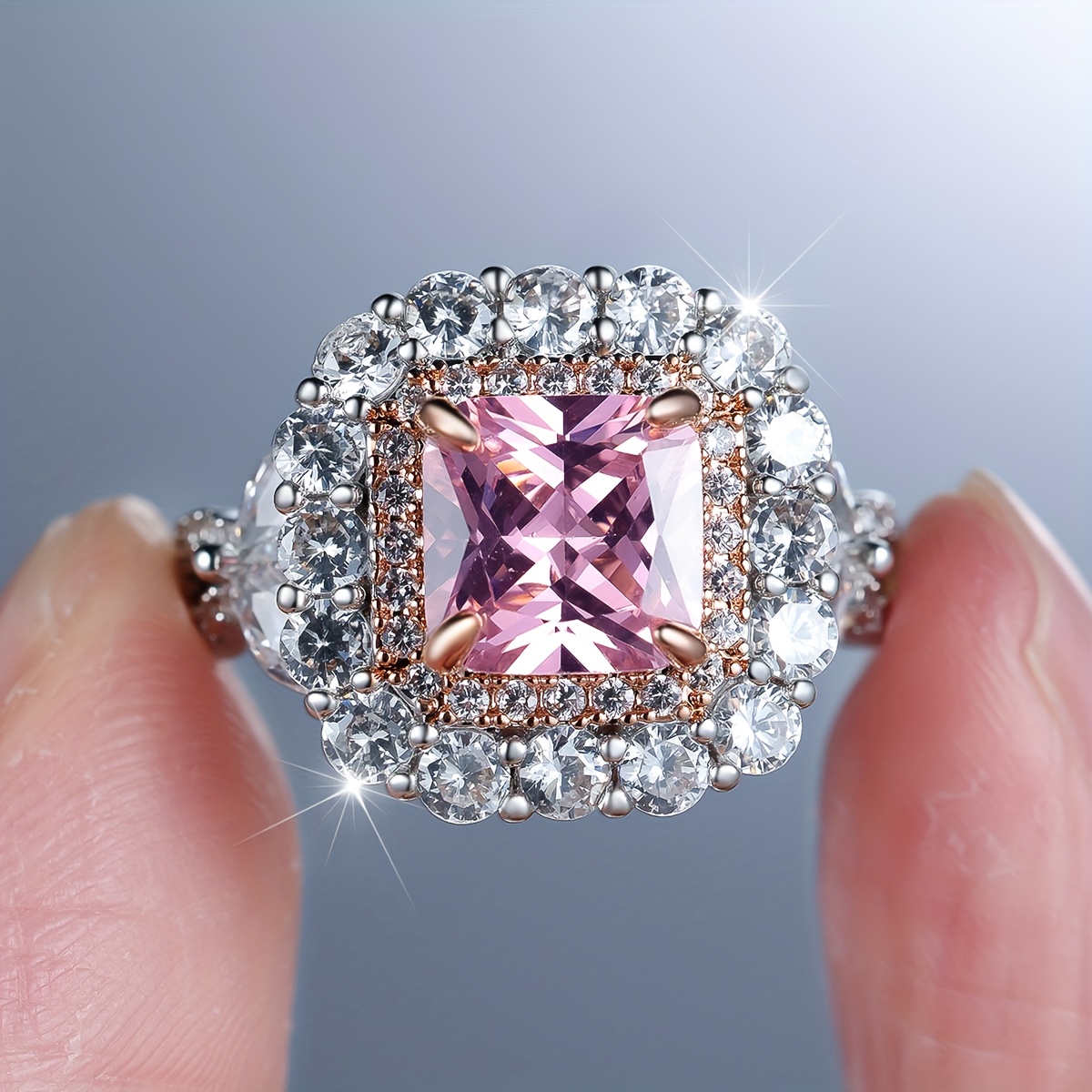 Women's Luxurious Pink Square Synthetic Zirconia Fashion Ring